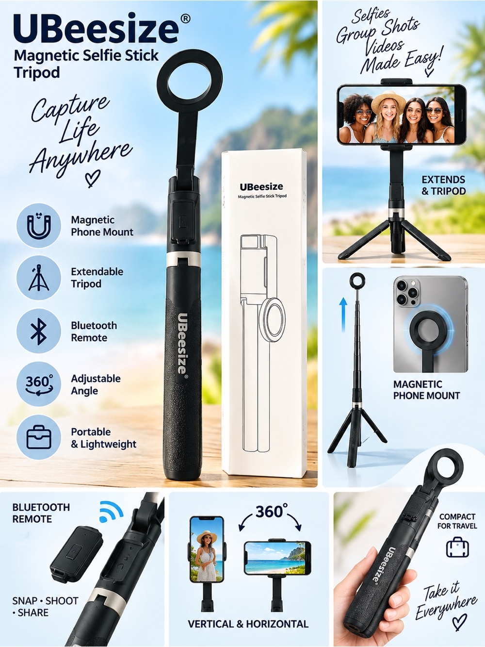 UBeesize Magnetic Selfie Stick Tripod Bluetooth Remote and Extendable - NIB